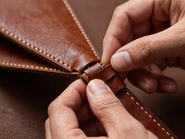 Macro shot of skilled hands meticulously weaving rich brown leather strips, focused on the intricate tension of the weave, dramatic directional studio lighting.