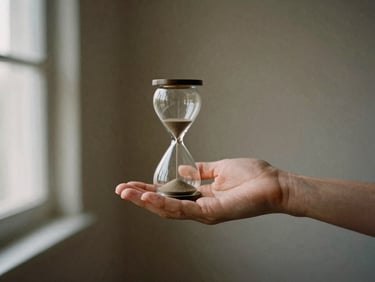 Una mano sosteniendo un reloj de arena, con la arena cayendo lentamente, en un entorno minimalista con luz natural indirecta, tonos tierra y sombras suaves. editorial portrait photography, soft natural window light, muted earth tones, deep shadows, 35mm film grain, minimalist composition