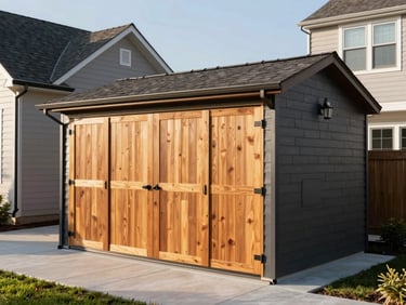 Crisp architectural photography, bright morning sunlight, custom-designed luxury storage building matching the main house siding and shingles, clean backyard, 35mm lens