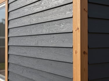 Close-up of clean charcoal siding meeting warm cedar trim on a modern outdoor building
