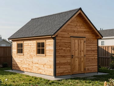 Crisp architectural photography, bright morning sunlight, classic gable roof A-frame wooden shed with warm cedar siding and dark charcoal trim, green lawn, 35mm lens