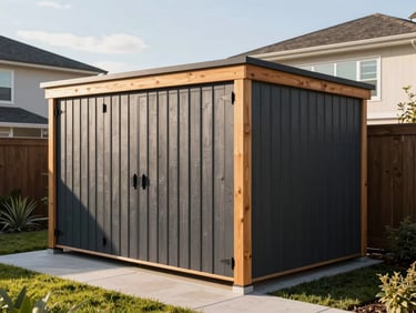 Crisp architectural photography, bright morning sunlight, modern lean-to storage shed with dark charcoal vertical siding and warm cedar trim in a manicured residential backyard setting, 35mm lens