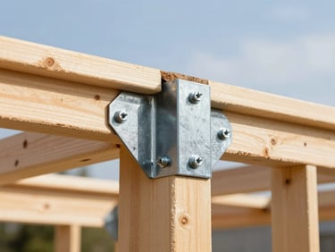 Detailed close-up of heavy-duty steel corner brackets and structural timber screws on a shed frame