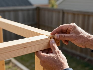 Macro shot of a carpenter's hands aligning a timber stud in a tight backyard space, morning light