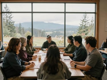 Community leaders collaborating around a table, planning an event, natural light from a large window, Pacific Northwest setting, wide shot.