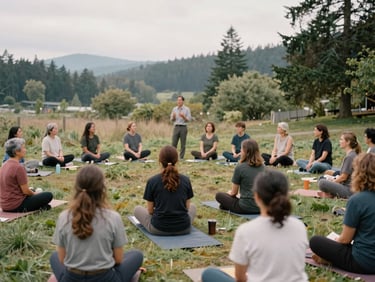 Diverse group of community members attending an outdoor wellness workshop, focused on a speaker, soft overcast Pacific Northwest daylight, earthy natural tones, candid community connection, 35mm film