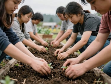 Hands planting seedlings in a community garden, diverse volunteers working together, soft Pacific Northwest daylight, candid moment.