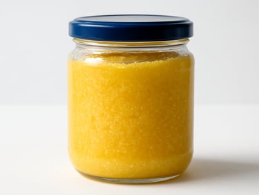 Bright high-key studio shot of premium farm ghee in a glass jar, golden granular texture, white clean background, sharp focus, 35mm