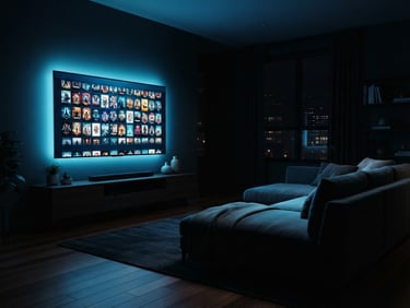 Cinematic wide shot of a modern, dimly lit living room, a sleek smart TV displaying a vibrant movie catalog, soft electric neon blue glow illuminating the space, deep shadows, shallow depth of field.