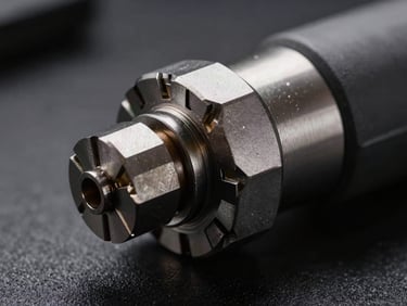 Tight macro shot of a pneumatic die grinder collet, machined steel, high contrast industrial lighting.