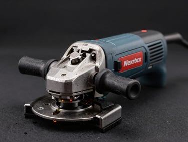 Heavy duty pneumatic angle grinder, rugged metal casing, safety guard, dramatic rim lighting.