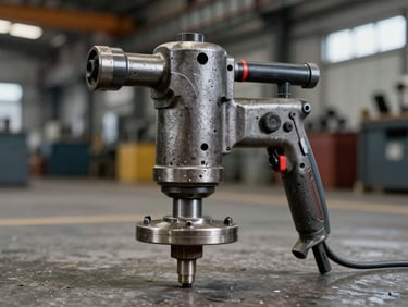 Pneumatic chipping hammer, rugged steel body, high-contrast industrial factory floor background.
