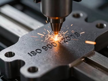Tight macro shot of a laser-engraving machine etching an ISO 9001:2015 mark onto a dark, matte-finished aluminum tool housing, bright orange sparks flying.