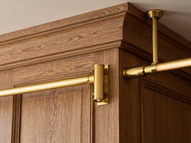 Detailed macro photograph of premium wood millwork and custom brass lighting fixtures inside Pat & Phil restaurant in Doral, highlighting the precise alignment and high-end finishes.