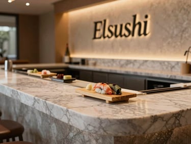 Detailed shot of Elsushi restaurant bar in Doral, premium marble countertop, minimalist sushi display, warm ambient lighting.