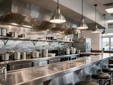 Commercial kitchen and bar area of Pat & Phil restaurant in Doral, stainless steel lines, industrial pendant lights, clean architectural lines.