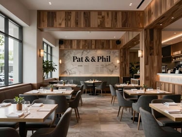 Wide-angle clean architectural shot of Pat & Phil restaurant interior in Doral, showing custom millwork, modern dining tables, and balanced ambient lighting.
