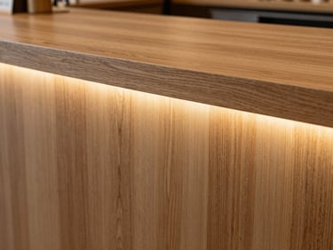 Macro detail shot of custom oak joinery on a restaurant counter, warm architectural LED strip casting a soft glow on the wood grain, sharp focus, clean lines.