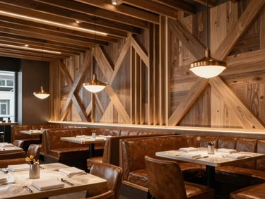 Interior photograph of Soya restaurant in Miami, showcasing custom geometric millwork, architectural ceiling lights, and premium leather seating.