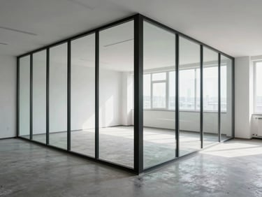 Wide environmental shot of a finished office interior, floor-to-ceiling frameless glass partition wall dividing two empty workspaces, glass edge sharp in foreground, receding into white walls, diffused daylight, no people
