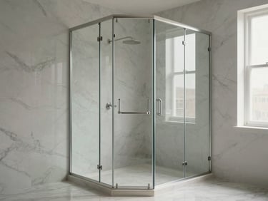 Wide environmental shot of a finished frameless shower enclosure in a white marble bathroom, soft diffused daylight from a side window, no people, camera at glass-edge level showing the corner joint and the open interior beyond