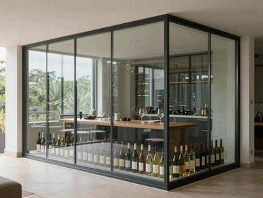 Wide shot of a frameless glass wine room enclosure in a finished residential space, flat north-facing daylight, clean floor-to-ceiling glass panels with minimal hardware, bottles visible through the glass, no people