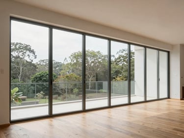 Wide environmental shot of a finished high-end residential living room, floor-to-ceiling frameless window wall, glass disappearing into white plaster reveals, soft north-facing daylight, no people, natural wood floor visible