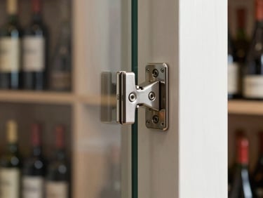 Extreme close-up of a frameless glass hinge connection on a wine room door, flat north-facing daylight, polished stainless pivot point where the glass edge meets the structural floor bracket, no decorative hardware, pure engineered precision