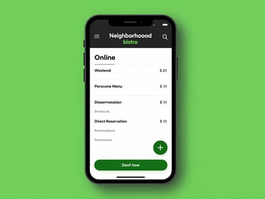 Crisp mobile mockup of a neighborhood bistro website, showing a clean online menu and direct reservation tool, high-contrast studio light