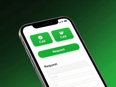 Crisp mobile mockup of a local plumbing contractor website, showing emergency call buttons and a simple request form, high-contrast studio light
