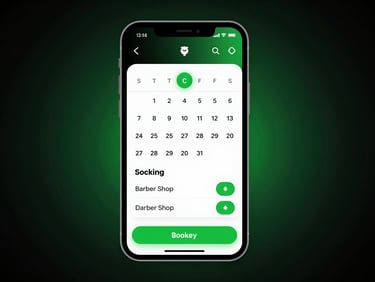Crisp mobile mockup of a barber shop booking application, showing calendar slots, service selection, and a clean interface, high-contrast studio light