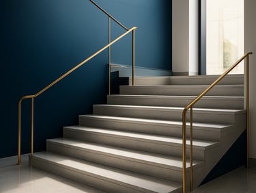 Elegant modern staircase with polished stone steps and a metallic handrail, clean lines, soft lighting, 35mm