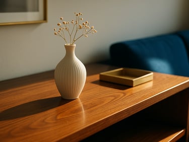 Close-up of a dust-free modern living room shelf, polished wood grain, a delicate vase, warm golden sunlight, 35mm