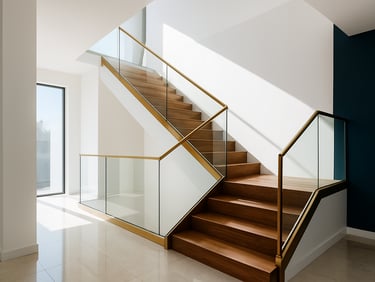 Wide interior shot of a minimalist staircase with polished wooden steps and glass railings, bright natural daylight streaming in, clean lines, elegant composition, 35mm