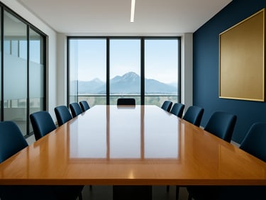 premium interior photography, bright natural daylight, deep blue and gold accents, clean reflections, 35mm. Wide shot of a modern, minimalist office boardroom with a polished oak table reflecting soft window light, clean glass partitions, Salzburg mountains softly visible in the distant background.