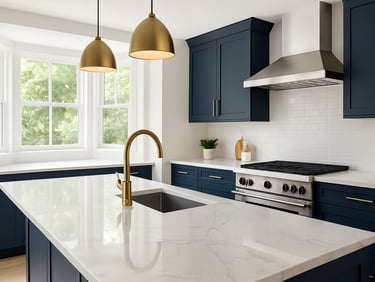 Bright, spacious modern kitchen with gleaming marble countertops, clean reflections, natural daylight, 35mm