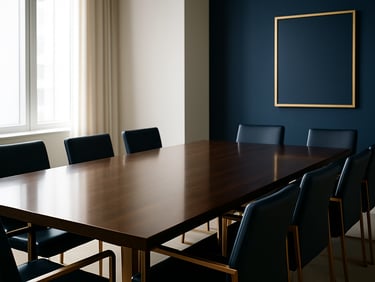 Clean minimalist conference room table made of polished dark wood, neat chairs, soft window light, 35mm