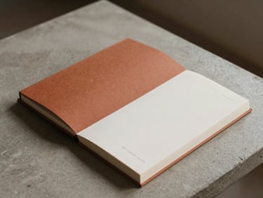 Minimalist architectural portfolio book open on a concrete table, sharp shadows, warm side lighting, 35mm