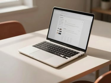 A clean, organized desk with a laptop displaying a clean layout, warm editorial photography, soft shadows