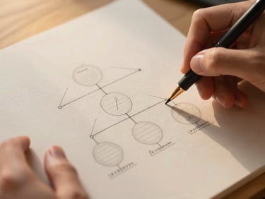 Hands sketching a brand architecture diagram on textured paper, warm golden hour light, close-up composition