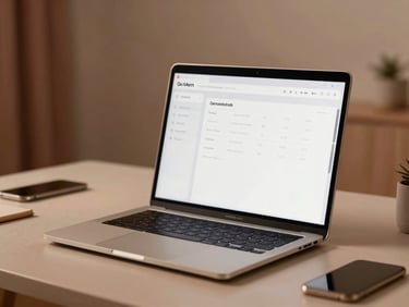 Sleek modern laptop displaying a clean user interface, warm ambient lighting, minimalist home office setting