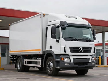 Dynamic front-quarter shot of a heavy electric delivery truck charging at a station, overcast daylight, industrial tech aesthetic.