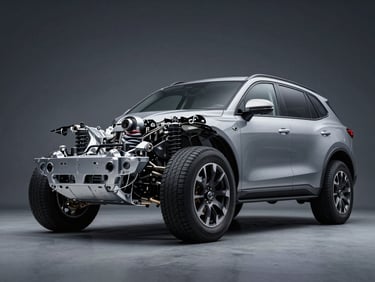 Dynamic low-angle shot of a modern hybrid SUV chassis and suspension system, dramatic high-contrast studio lighting highlighting metallic components