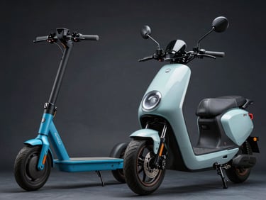 Low-angle studio shot of an electric scooter and a high-performance electric moped side-by-side, sharp cyan highlights on metallic frames, dark background.