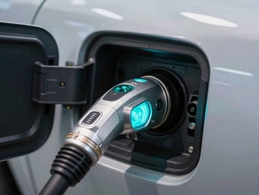 Extreme close-up of a heavy-duty electric vehicle charging port illuminated by high-visibility cyan indicator lights, metallic casing reflecting dramatic studio lighting, technical precision detailing.