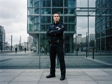 Dramatic corporate photography of an alert professional security officer in a clean dark uniform standing in front of a modern glass building in Berlin, overcast daylight, sharp focus, 35mm