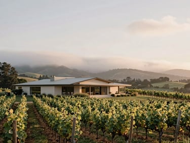 A beautiful modern vineyard estate in Saratoga, soft evening light over rolling grapevines, coastal fog rolling over the distant mountains, warm editorial aesthetic.