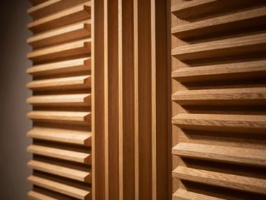 Intimate detail of hand-crafted wooden acoustic diffusion panels in a music studio, soft indirect workshop light filtering in