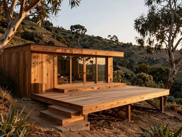 Wide-angle shot of a custom cedar deck built into a steep hillside in Echo Park, surrounded by eucalyptus trees, warm golden hour light