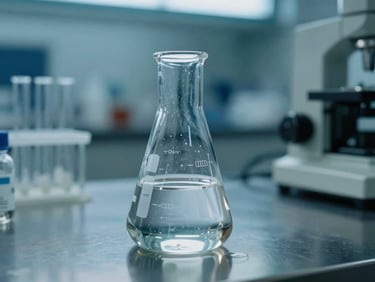 Clear chemical liquid inside a professional laboratory flask, clean steel background, sharp focus, cool teal lighting